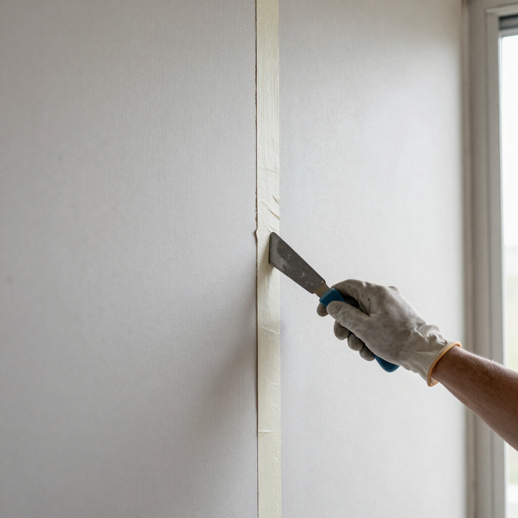 Una mano con guante utiliza una espátula para raspar o extender masilla sobre una junta encintada de la pared
