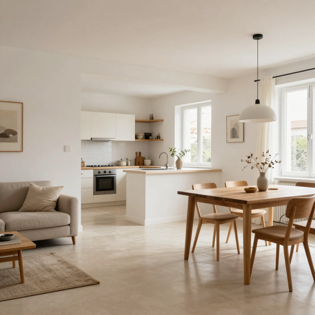 Cocina-comedor luminosa y minimalista, con una mesa de madera, armarios blancos y ventanales amplios