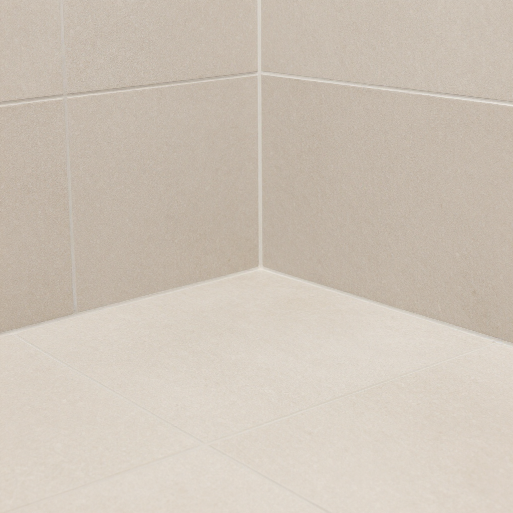 Esquina vacía de azulejos beige, con suelo y paredes claros