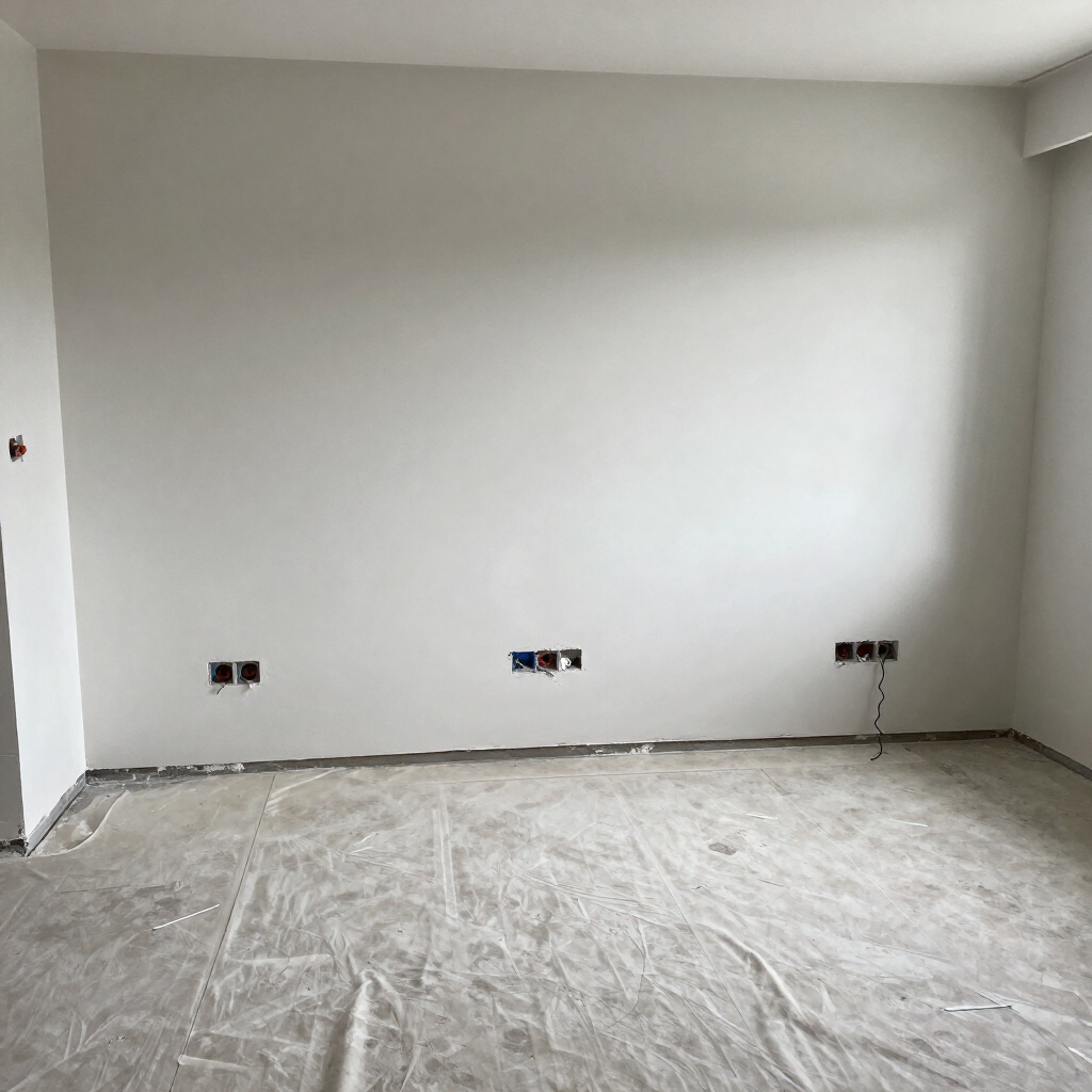 Habitación blanca vacía, con el suelo sin terminar y enchufes a lo largo de la pared