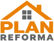 Logotipo de PLAN Reforma con un tejado naranja y ventanas grises sobre el texto naranja y gris