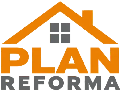 Logotipo de PLAN Reforma con un tejado naranja y ventanas grises sobre el texto naranja y gris
