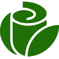 Logotipo de rosa verde, con forma redondeada y pétalos estilizados.
