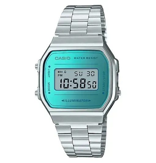 Un reloj Casio plateado con esfera azul y correa de acero inoxidable.