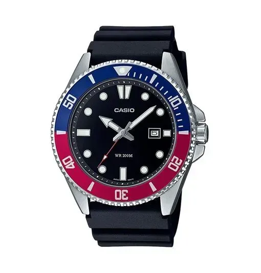Un reloj Casio con esfera negra, roja y azul.