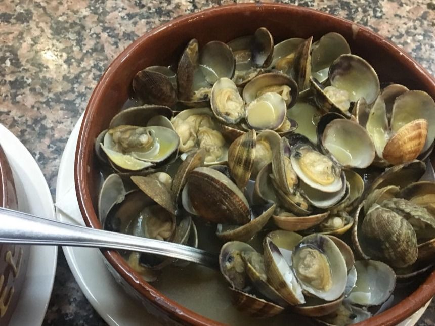 Cuenco de almejas al vapor, conchas marrones y blancas, en un recipiente rústico de cerámica marrón con tenedor.
