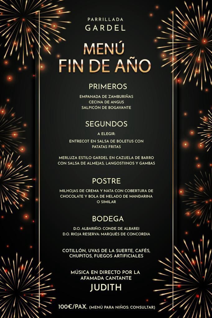 Menú de Nochevieja del Restaurante Gardel; fondo negro con texto dorado y fuegos artificiales.