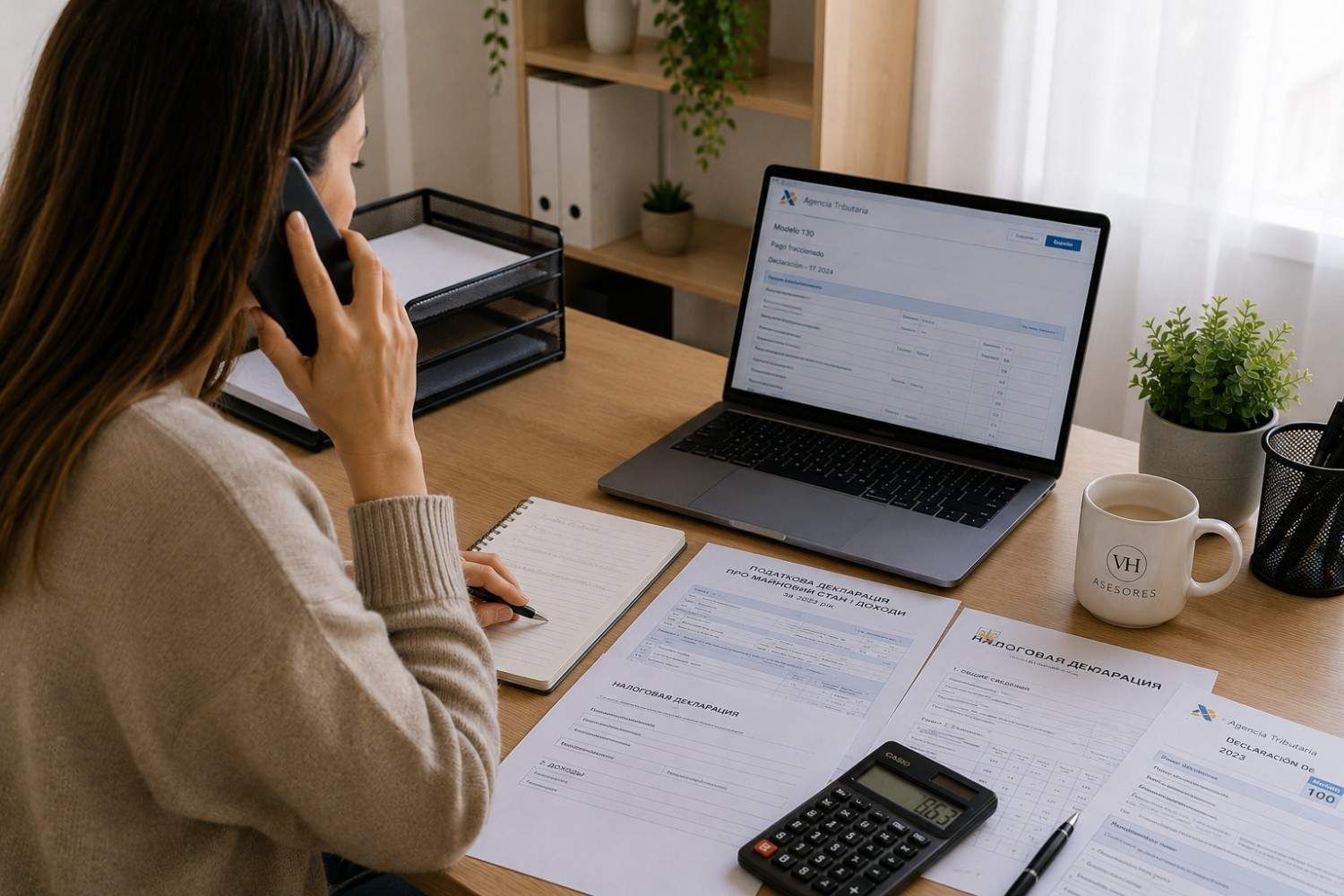 Una persona hablando por teléfono sentada en un escritorio con una computadora portátil, papeles, una calculadora y una taza en una oficina en casa.