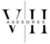 Logotipo en blanco y negro con la inscripción “ASESORES”, con una “V” y una “II” estilizadas en gran tamaño, separadas por una línea vertical.