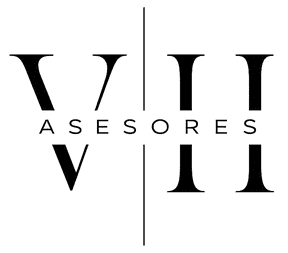 Logotipo en blanco y negro con la inscripción “ASESORES”, con una “V” y una “II” estilizadas en gran tamaño, separadas por una línea vertical.