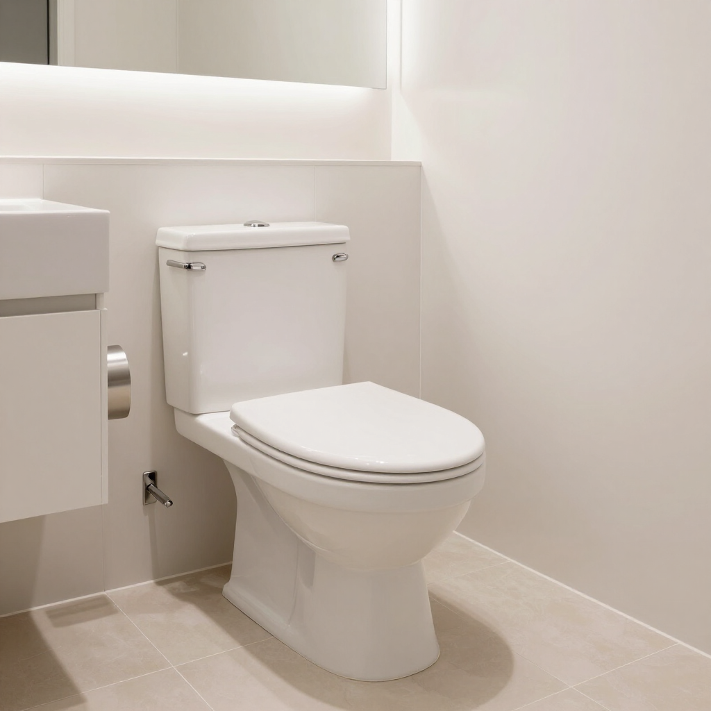 Inodoro blanco moderno en un baño limpio con azulejos beige.