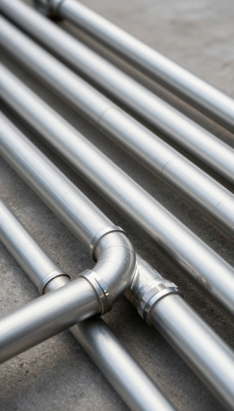 Tubos de metal plateado con una junta de codo soldada apilados diagonalmente sobre una superficie gris.