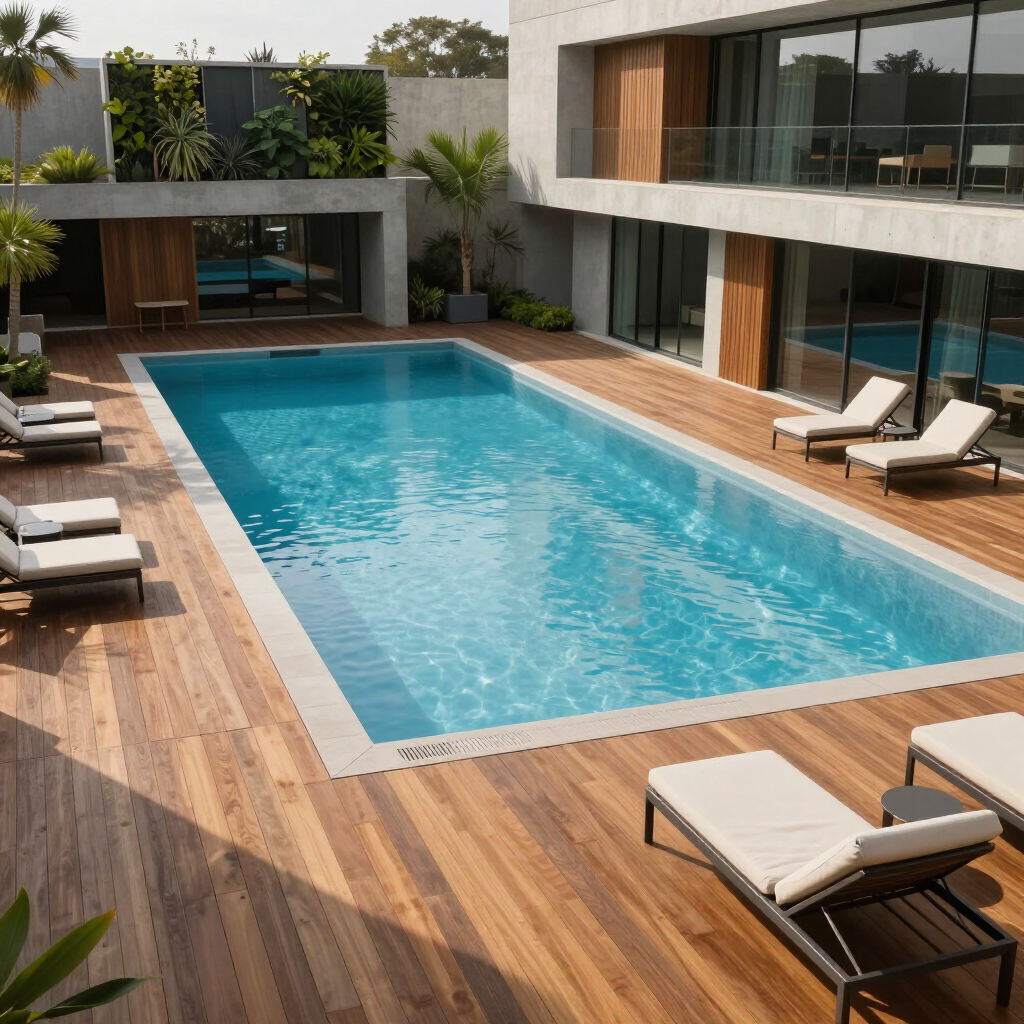 Modern luxury courtyard with a large turquoise pool, wood deck, and white lounge chairs beside glass-walled villas