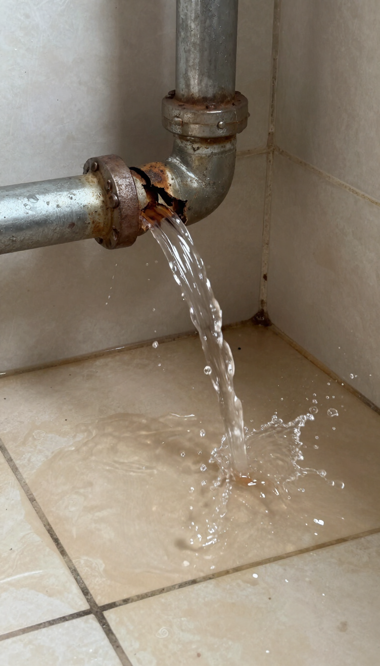 Leaking rusty pipe joint pouring water onto a tiled floor in a corner