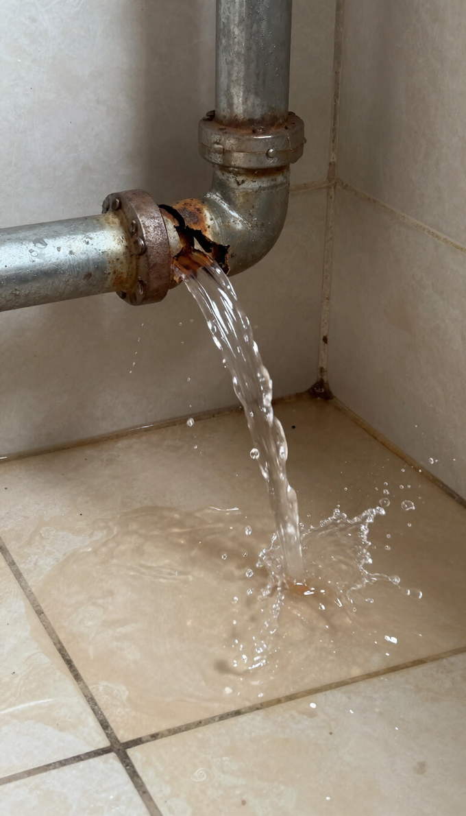 Una junta de tubería metálica con fugas rocía agua sobre una esquina de un piso de baldosas.