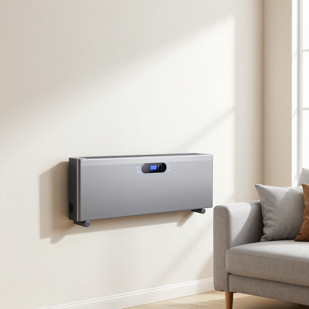 Wall-mounted silver heater beneath a window beside a gray sofa in a bright living room