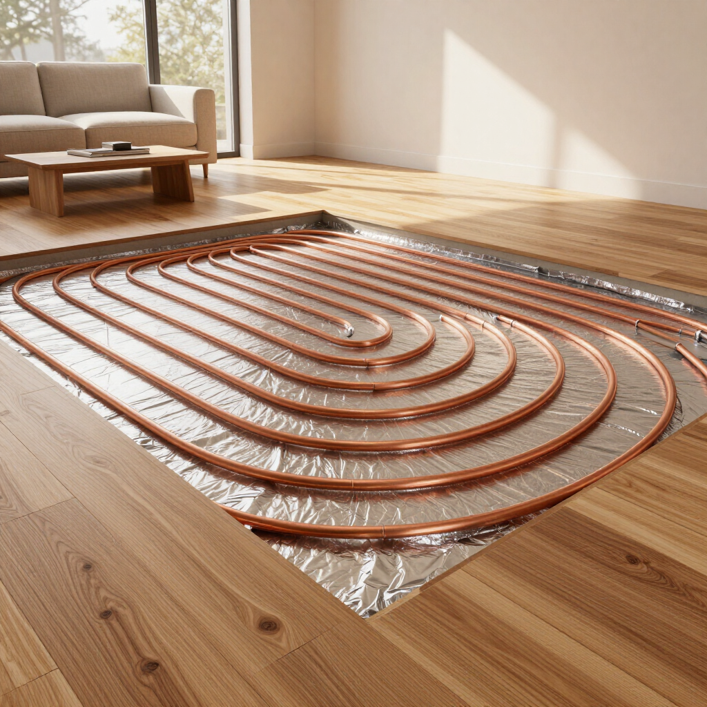 Underfloor heating pipes laid in a wooden floor room, covered with reflective insulation backing.