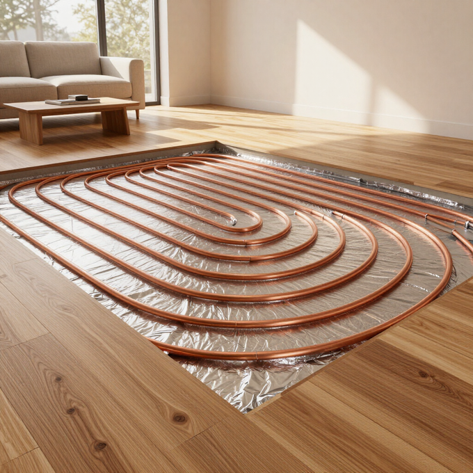 Bobinas de calefacción radiante de cobre sobre aislamiento de plata en un suelo de madera en una luminosa sala de estar.