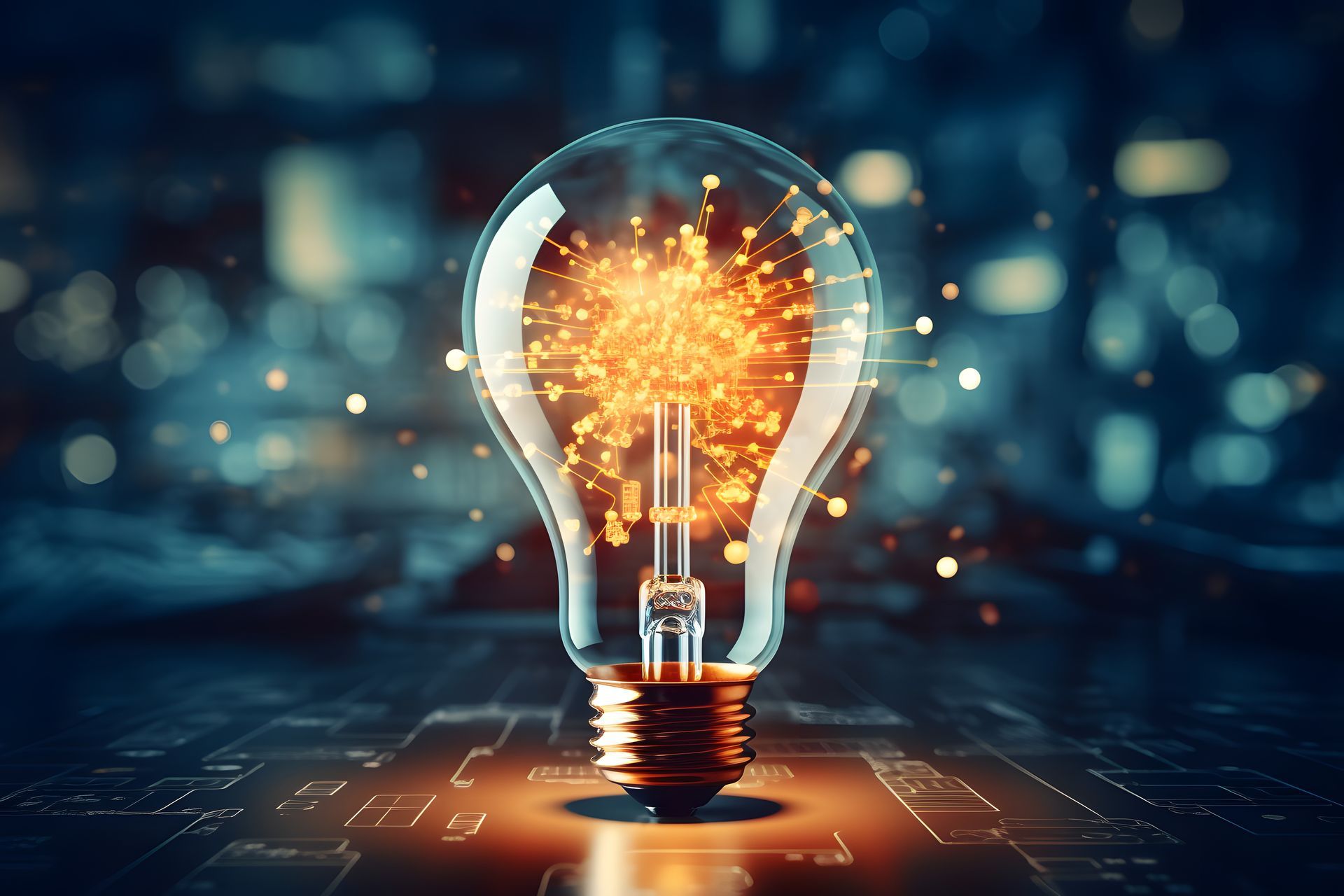 Ampoule à noyau lumineux, sur un circuit imprimé, symbolisant l'innovation.