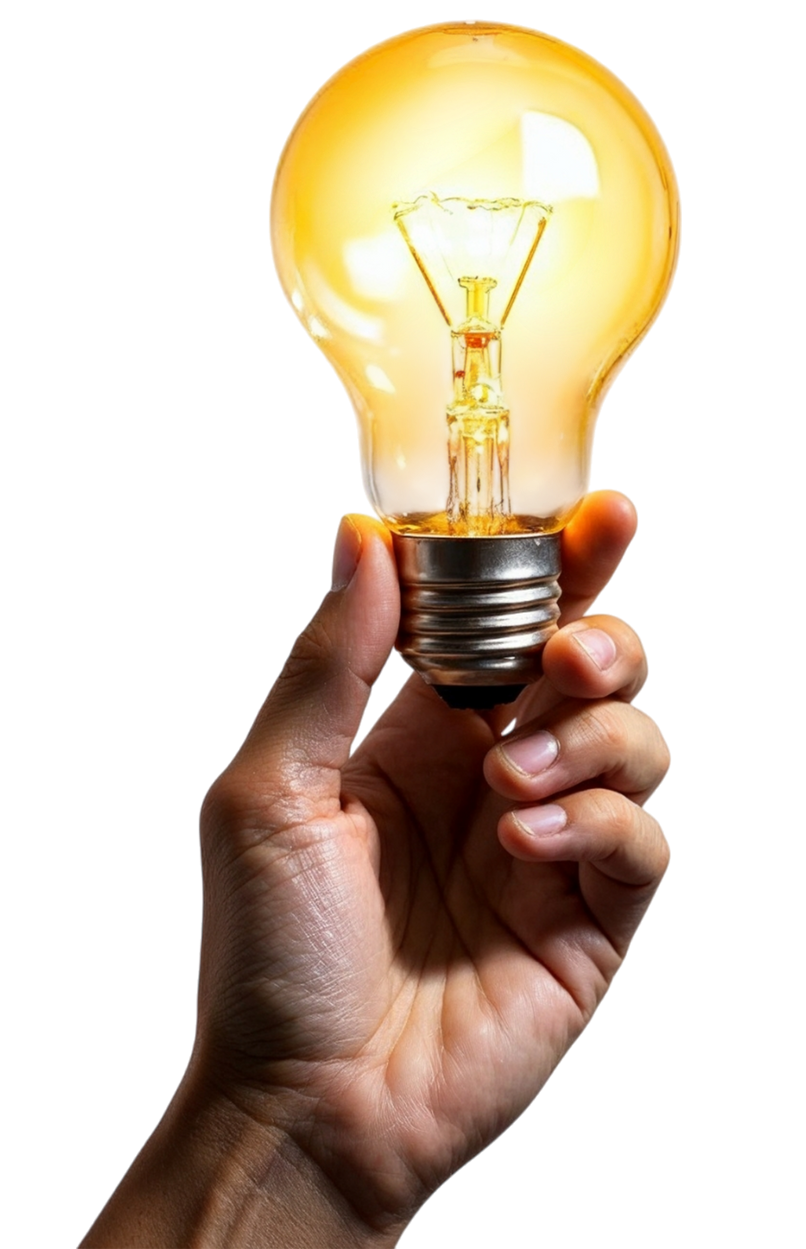 Main tenant une ampoule allumée, suggérant une idée. Lumière jaune, fond blanc.