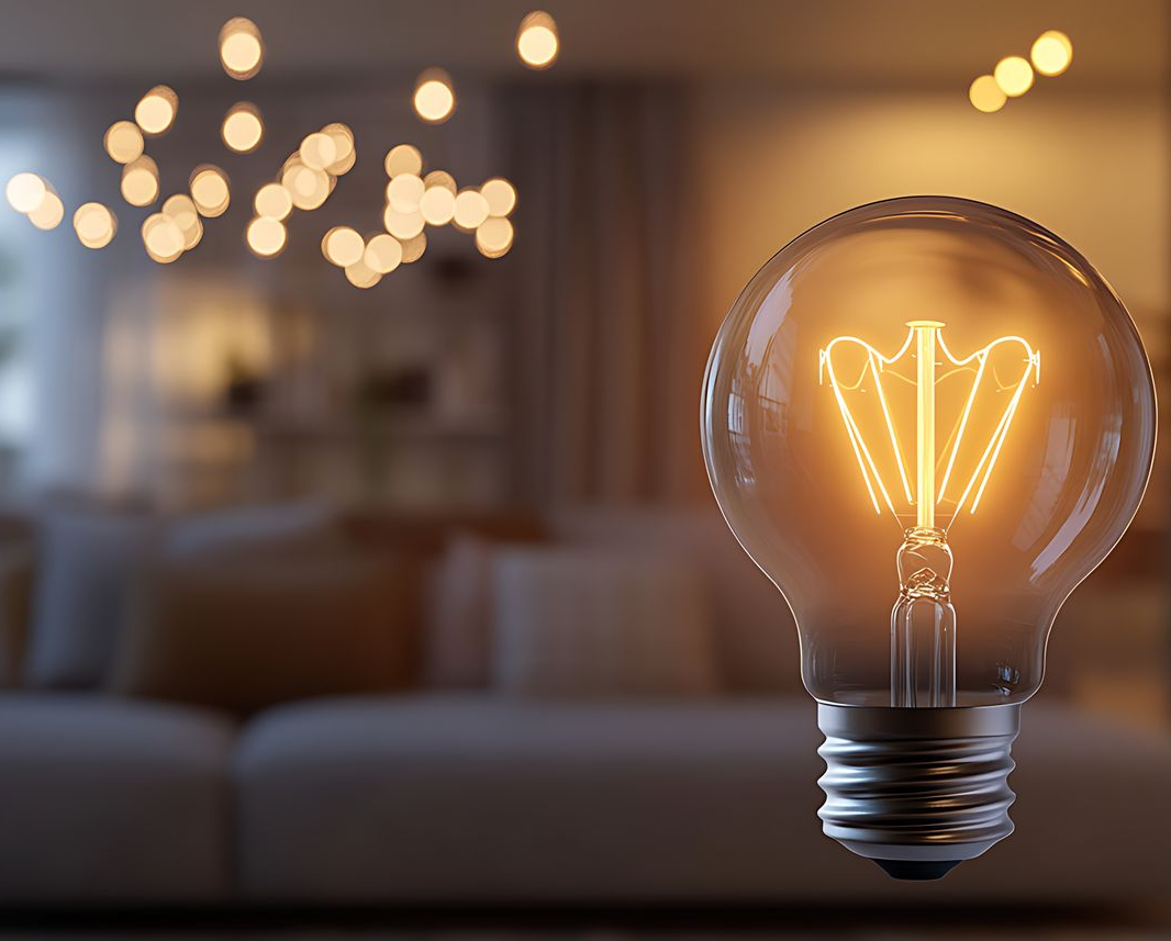 Intérieur avec éclairages à gauche et ampoule filament à droite