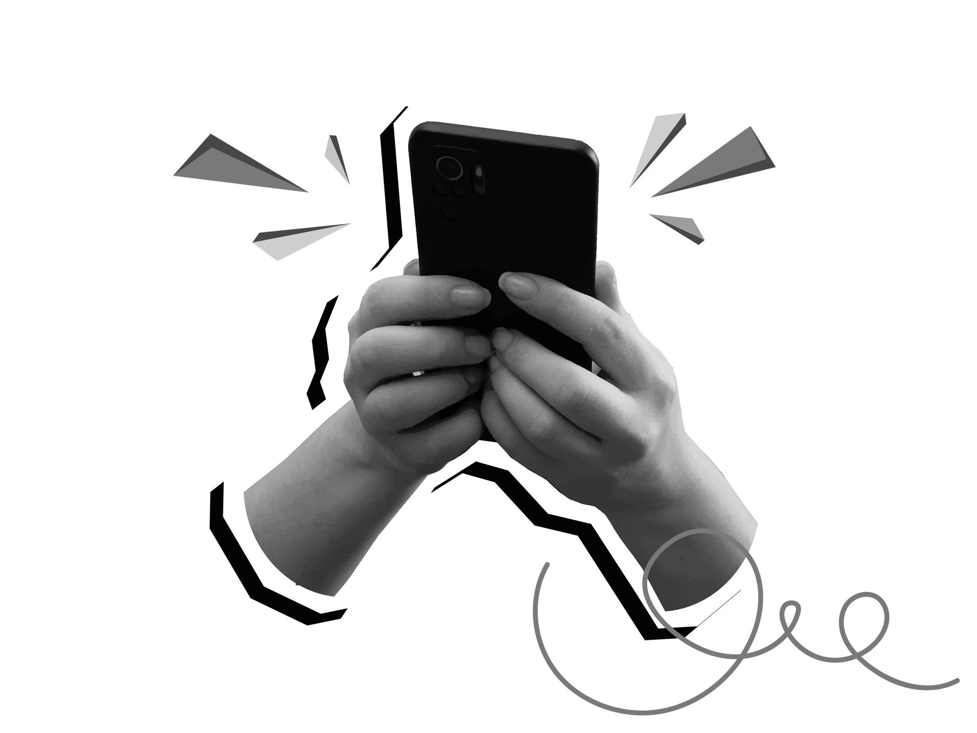 Mains tenant un smartphone, avec des rayons émanant de l'écran ; illustration en noir et blanc.