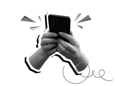 Mains tenant un smartphone, avec des rayons émanant de l'écran ; illustration en noir et blanc.