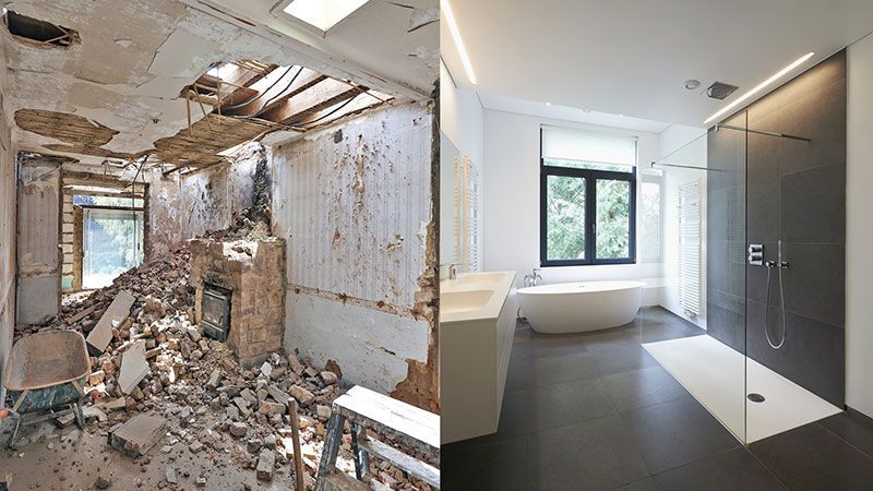 Ein Vorher-Nachher-Bild eines Badezimmers, das renoviert wird