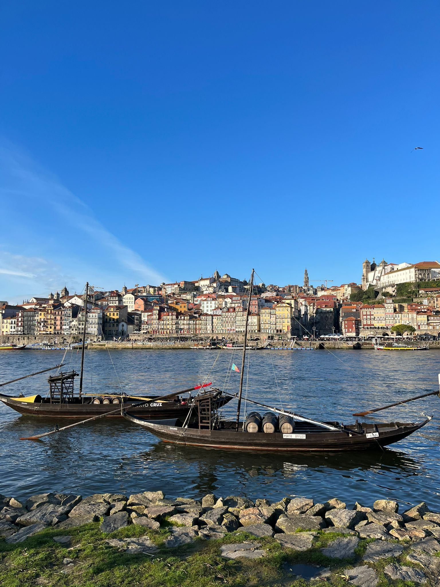 Rives du fleuve Douro avec deux bateaux et une ville en arrière