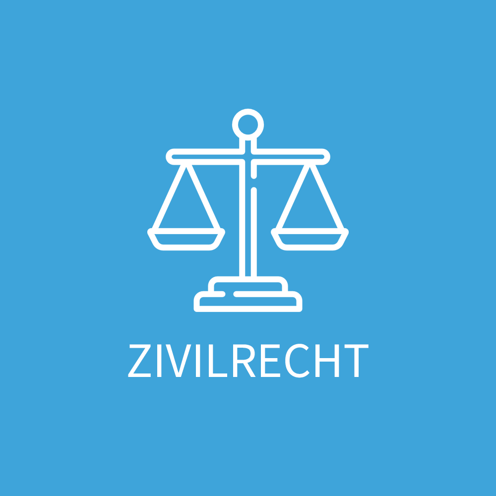 Ein blauer Hintergrund mit einer Waage der Gerechtigkeit und dem Wort Zivilrecht.