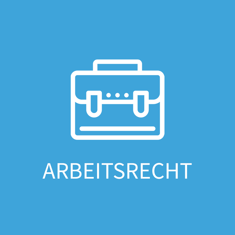 Ein blauer Hintergrund mit einem Aktenkoffer-Symbol und dem Wort Arbeitsrecht.