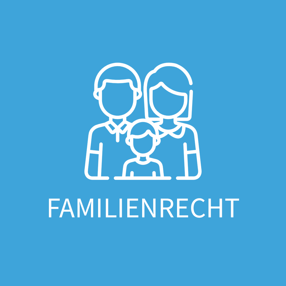 Ein weißes Liniensymbol einer Familie auf blauem Hintergrund.