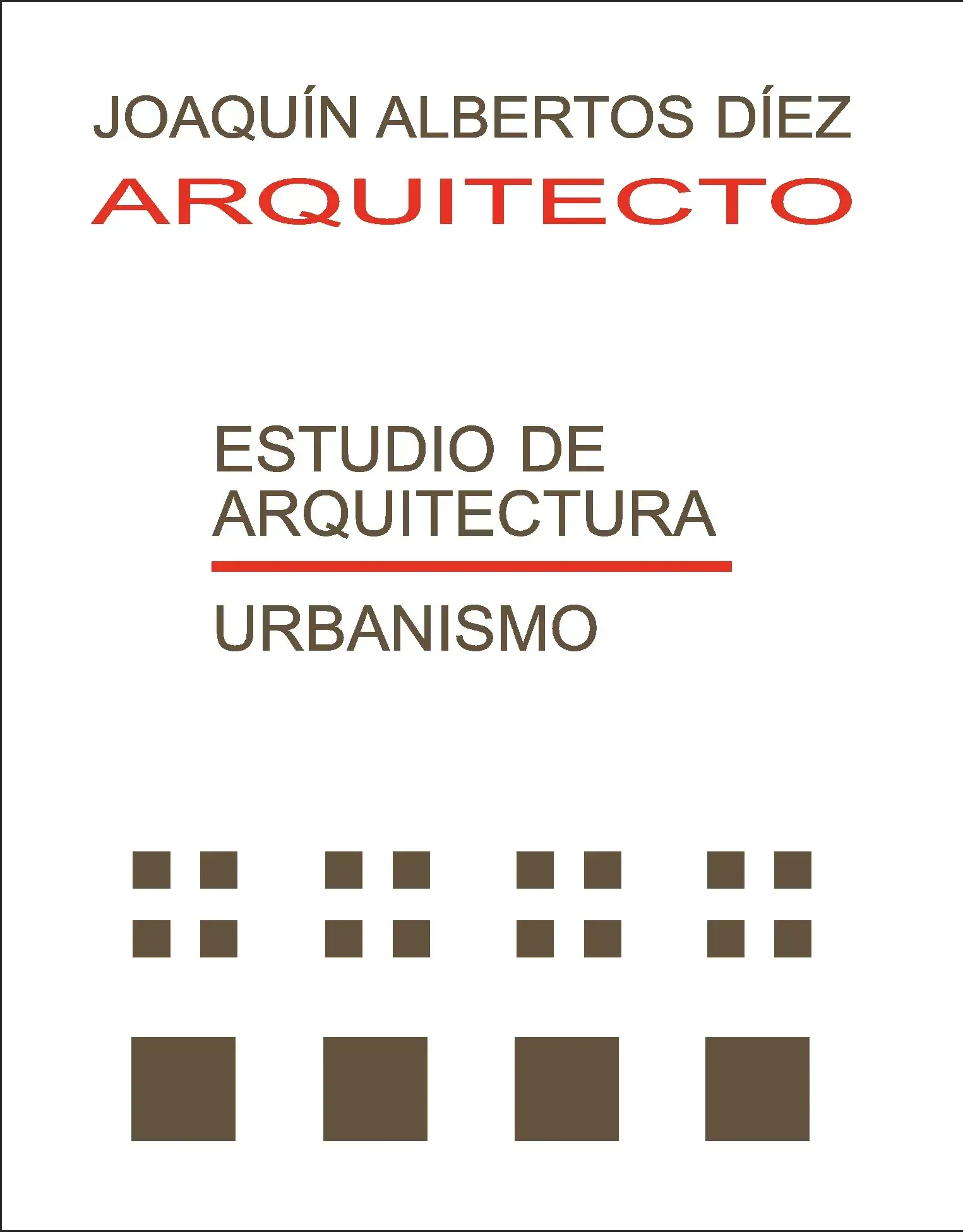 Logotipo en texto: "Joaquín Albertos Díez, Arquitecto", con "Estudio de Arquitectura, Urbanismo" debajo y cuadrados marrones.