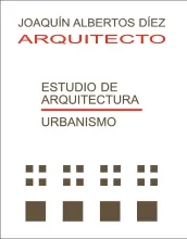 Logotipo en texto: "Joaquín Albertos Díez, Arquitecto", con "Estudio de Arquitectura, Urbanismo" debajo y cuadrados marrones.