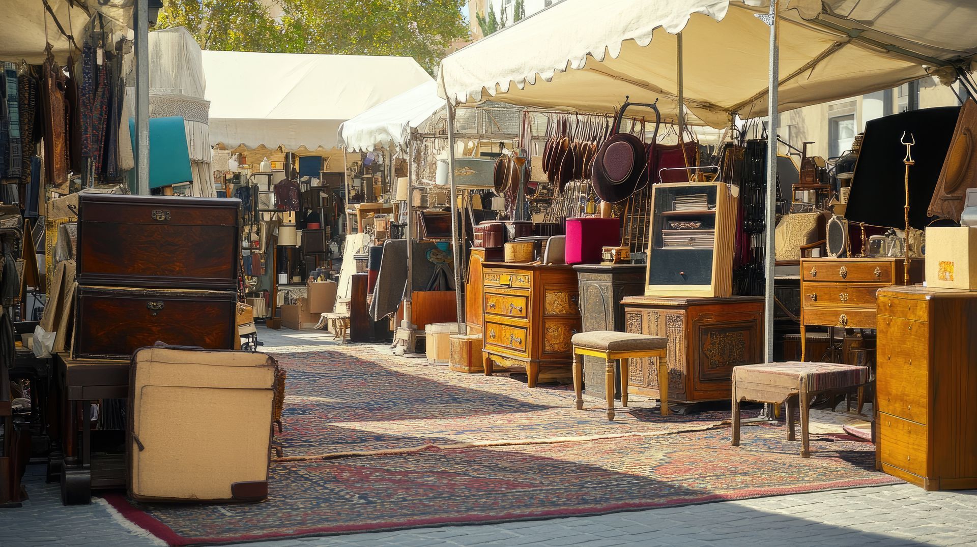 Étals de marché antiques avec divers meubles et décorations sous des tentes.