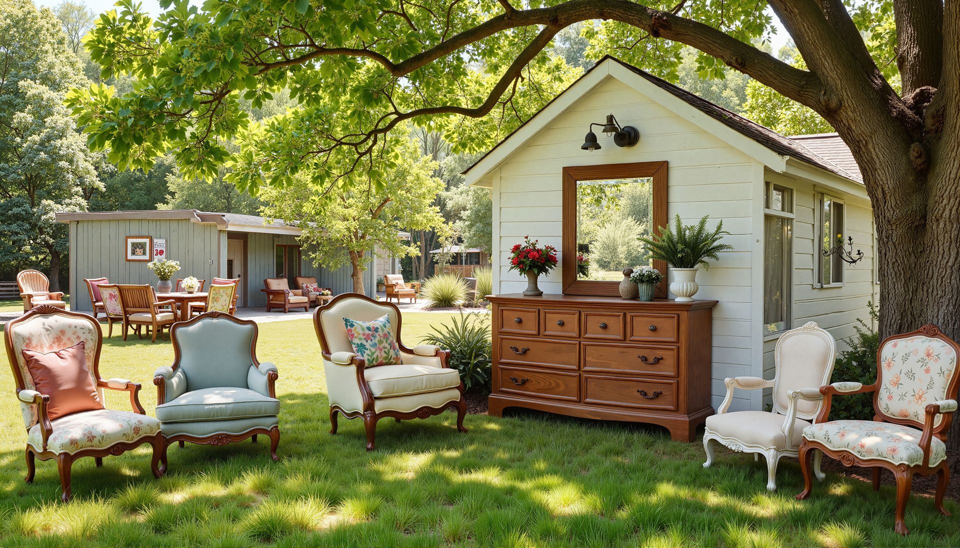 Un jardin avec des chaises anciennes disposées autour d'une commode en bois.