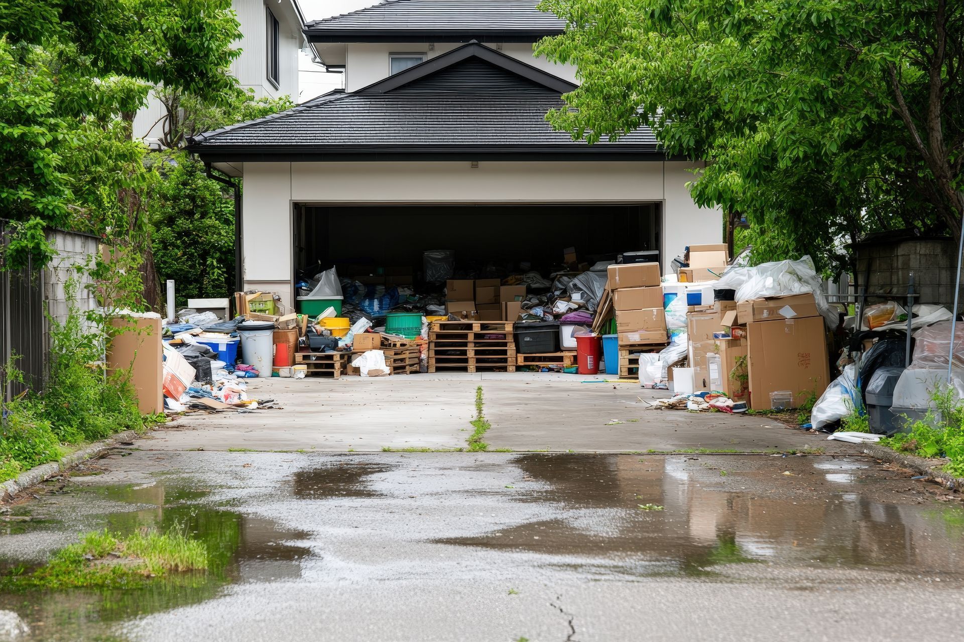 Allée menant à un garage ouvert encombré de désordre et de déchets.