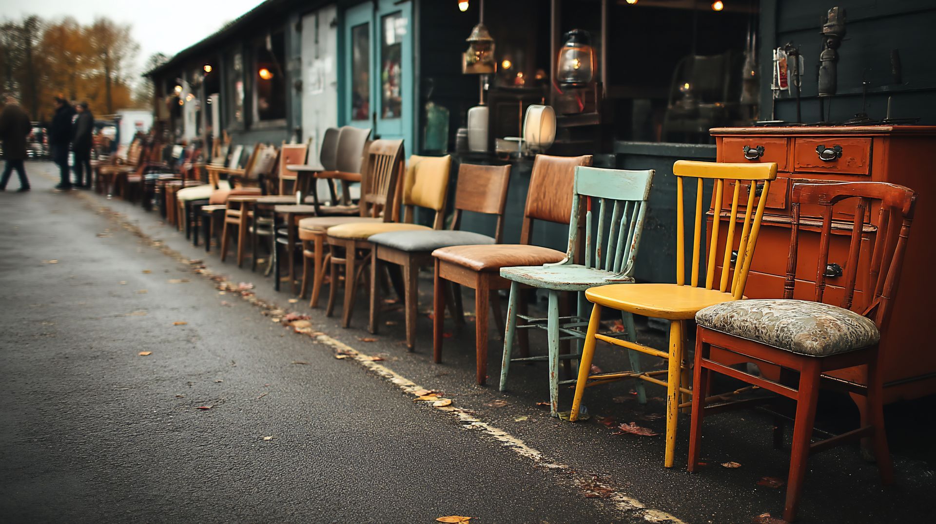 Une rangée de chaises vintage de différentes couleurs exposées à l'extérieur.