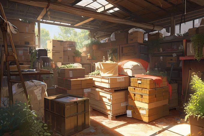 Des cartons empilés en hauteur avec des plantes.
