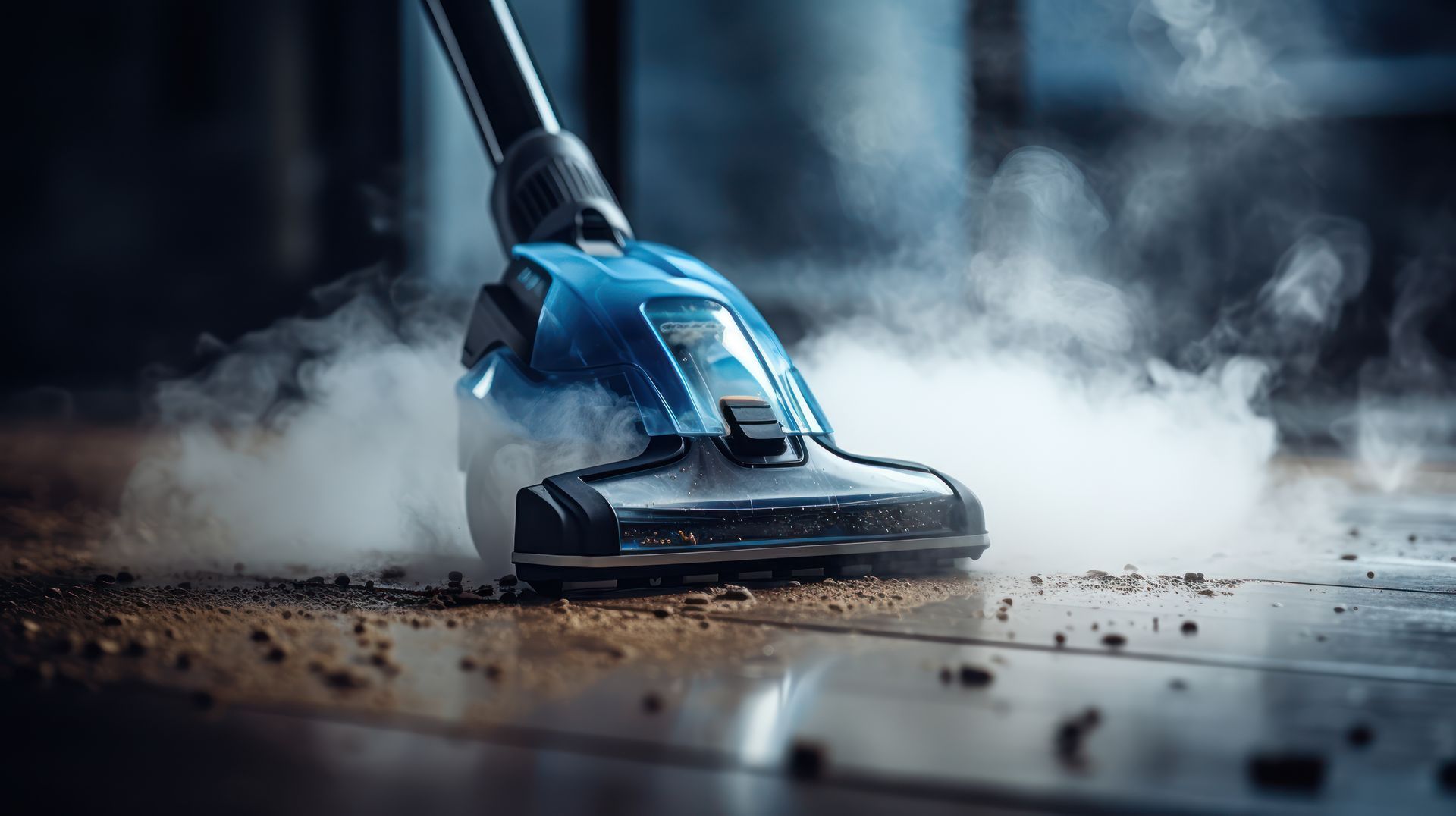 Aspirateur bleu sur plancher en bois, générant de la vapeur tout en nettoyant la saleté.