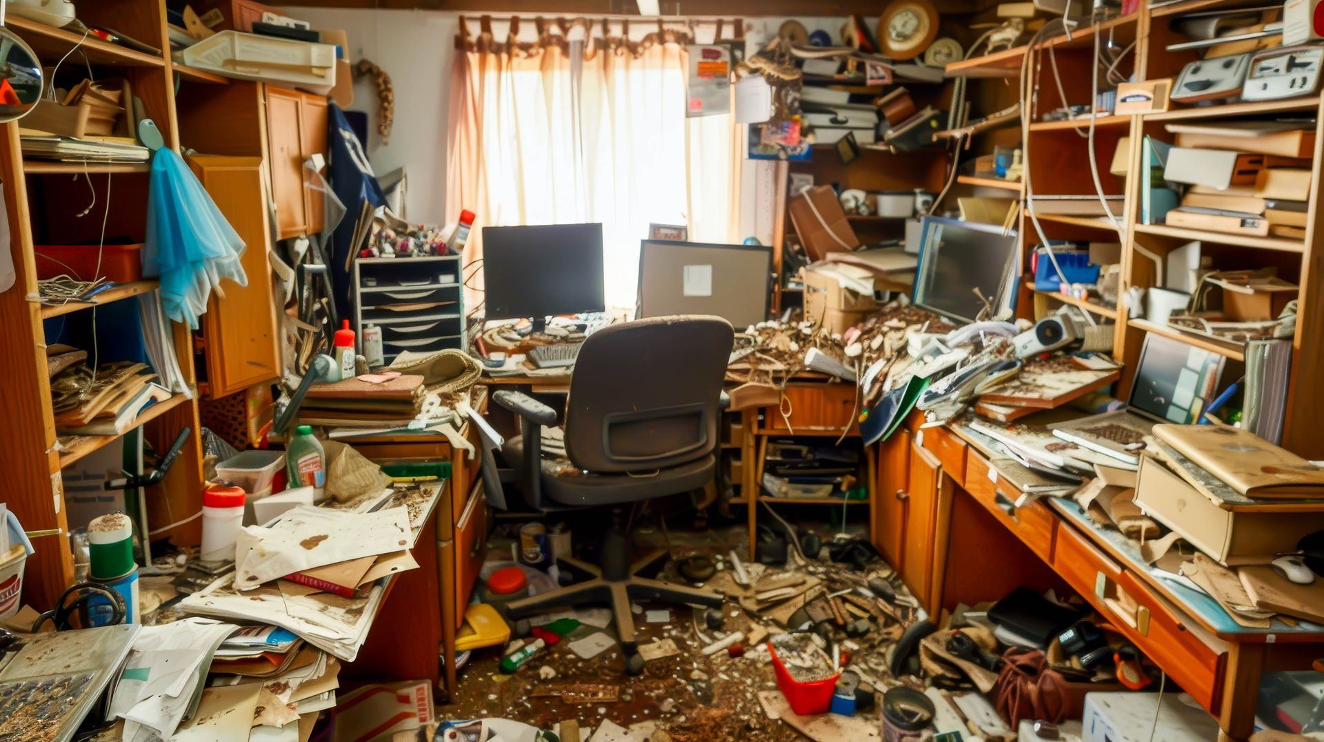 Bureau encombré : bureau avec ordinateurs, entouré de piles de papiers et d'objets.