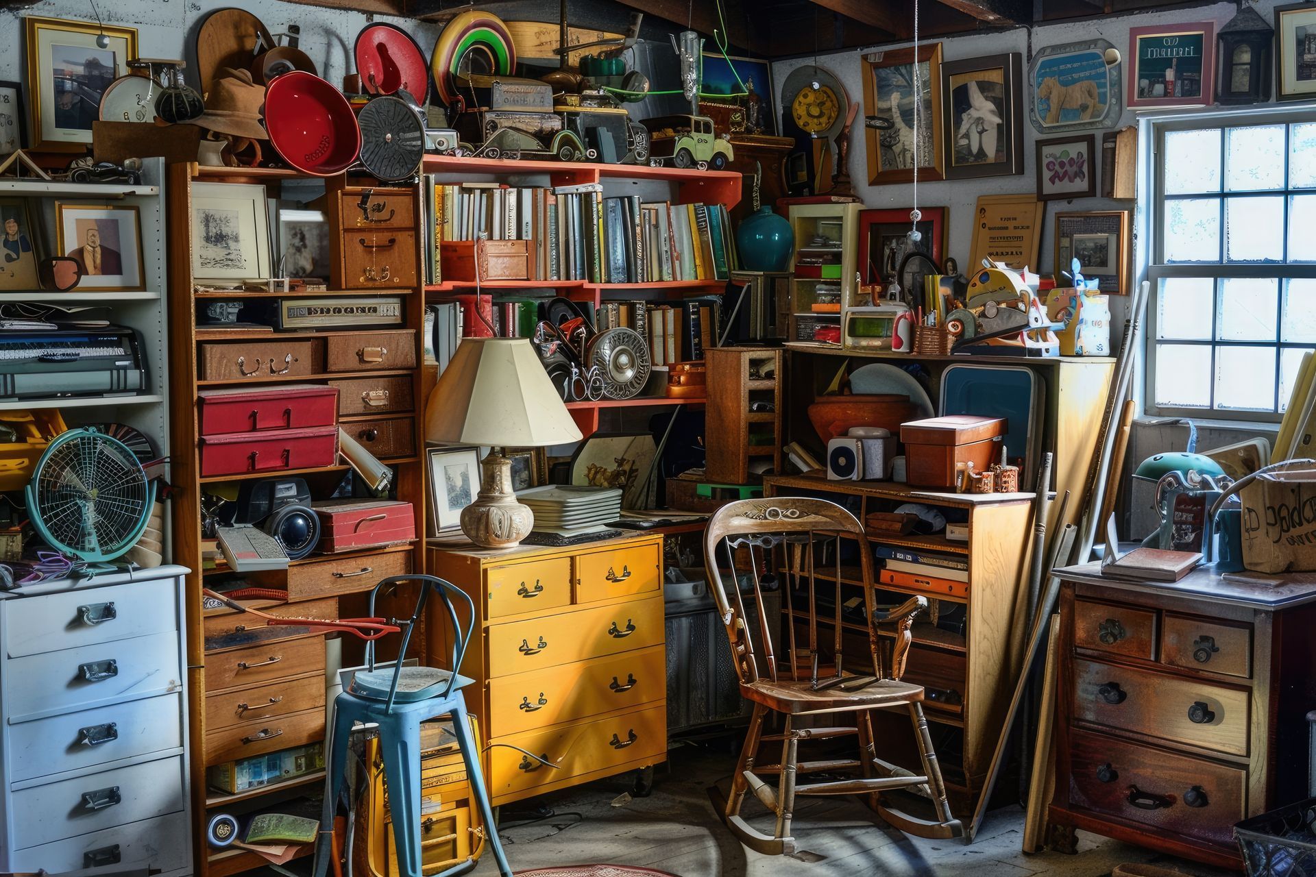 Intérieur encombré d'une pièce : étagères et meubles débordant d'objets, une lampe et une fenêtre.