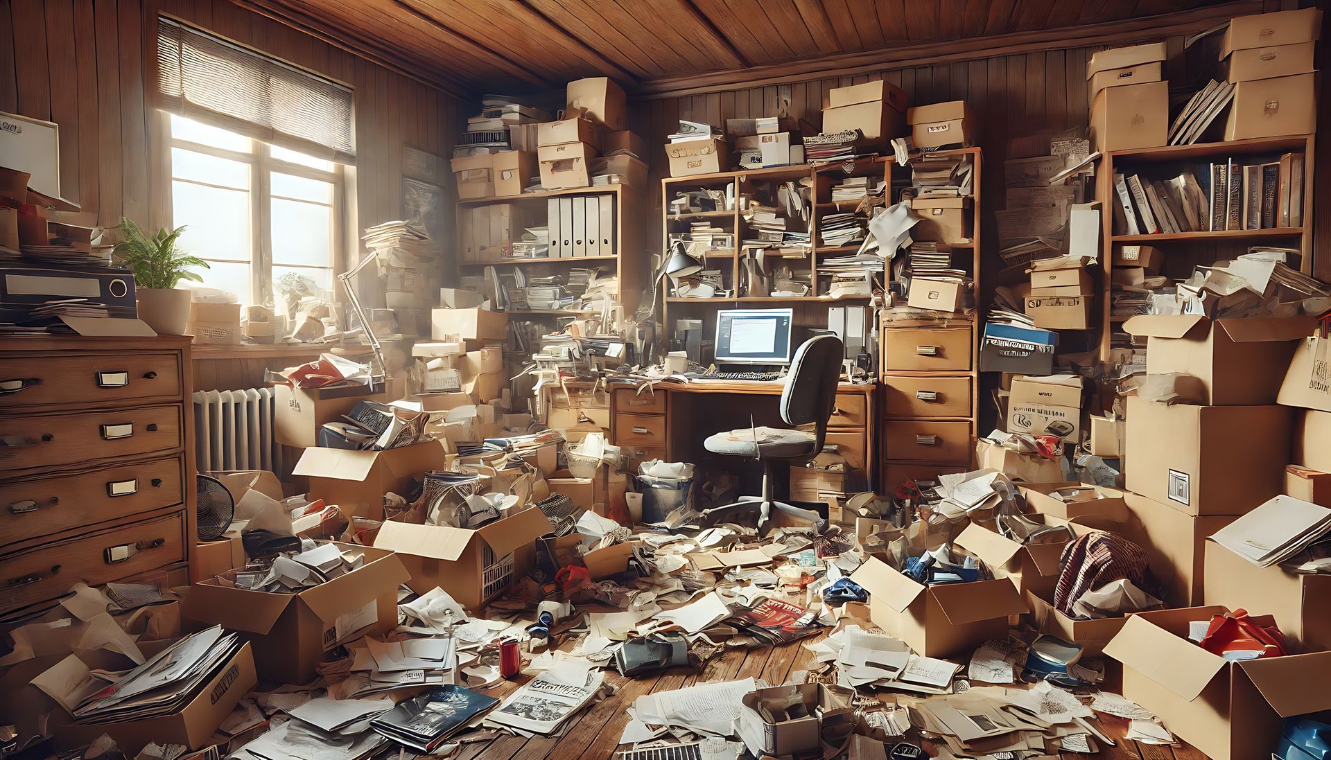 Bureau encombré : cartons, papiers, bureau avec ordinateur.