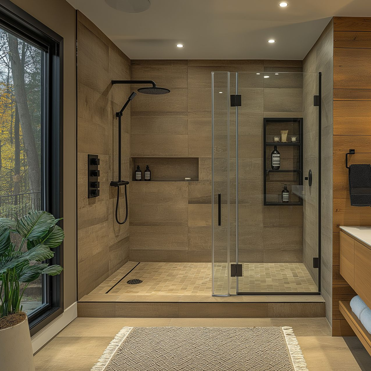 Une douche à l'italienne moderne avec carrelage beige, robinetterie noire, porte en verre, étagère encastrée et portemanteau intégré.