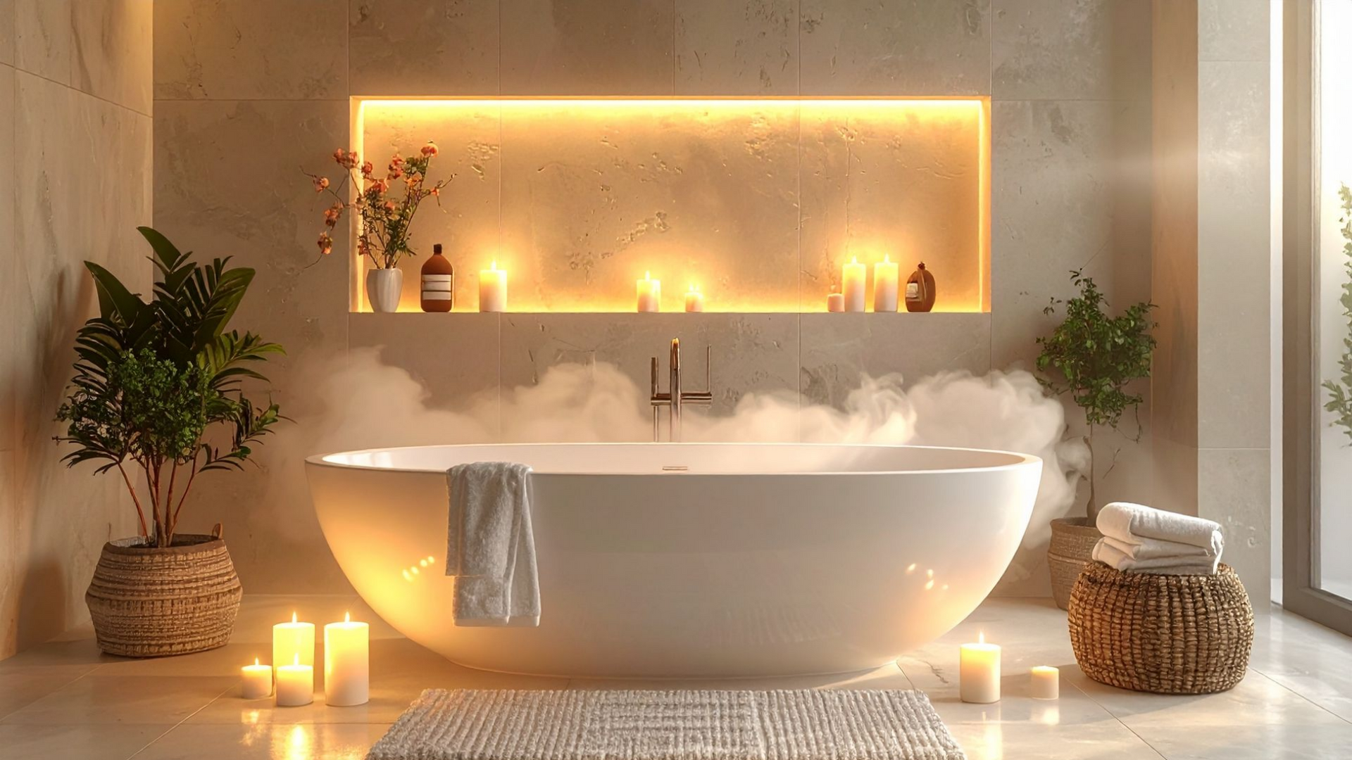 Une baignoire fumante remplie d'eau dans une salle de bains cosy à l'éclairage tamisé, avec des bougies et une niche murale illuminée.