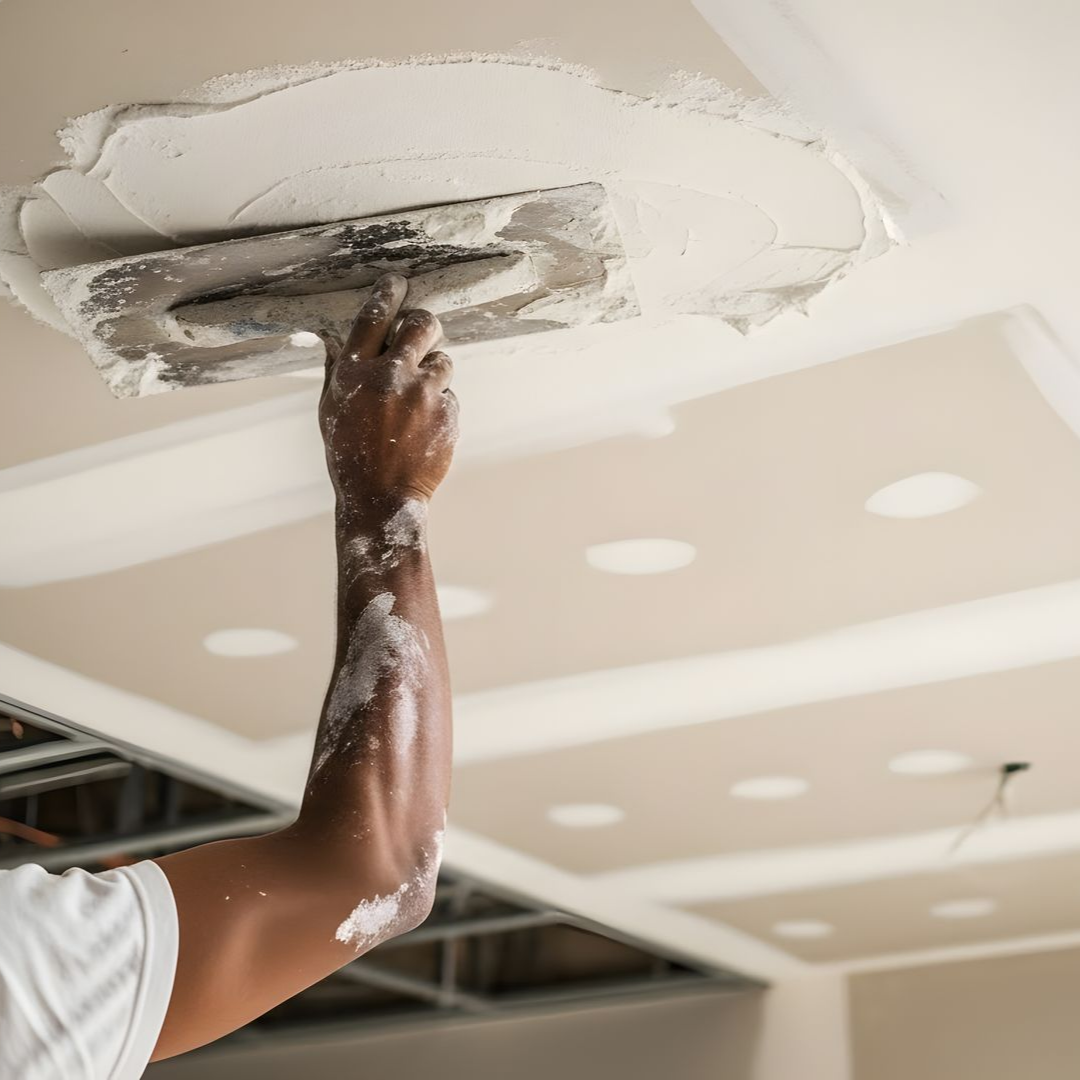 Un plâtrier utilise une truelle métallique pour appliquer un enduit à joints blanc sur un plafond beige dans une pièce en construction.