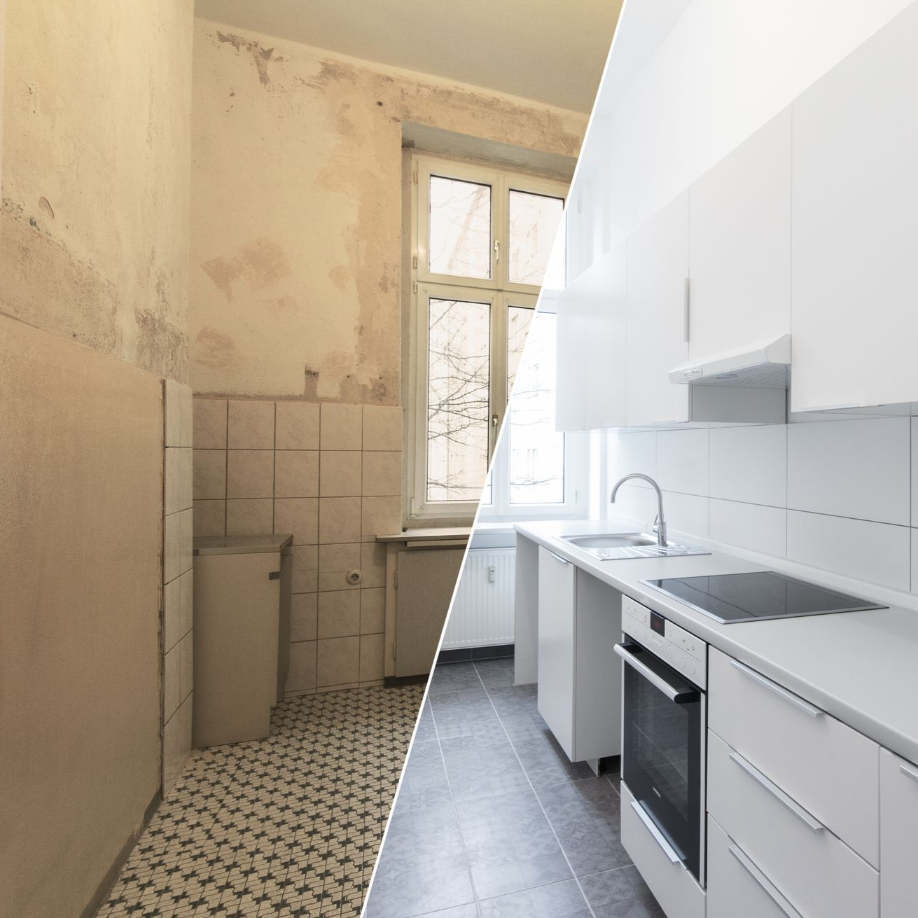 Vue en deux parties d'une rénovation de cuisine : à gauche, un espace délabré et démodé ; à droite, une cuisine moderne, blanche et finie.