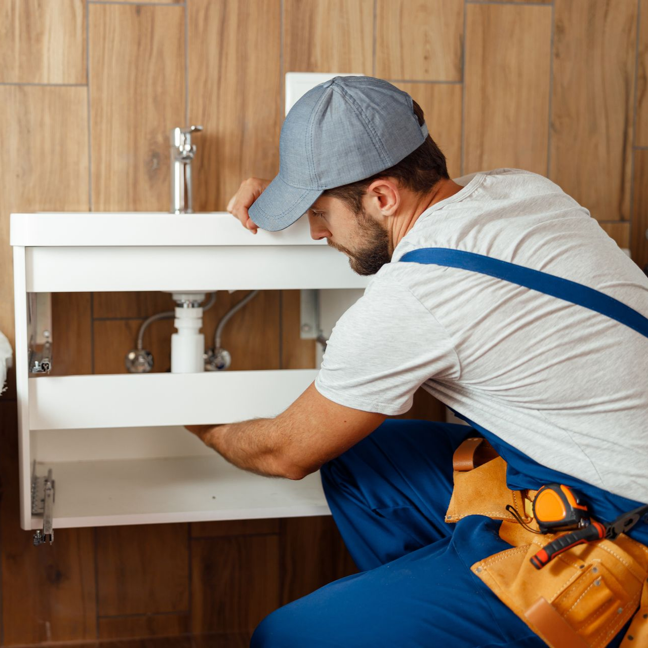 Un plombier, coiffé d'une casquette bleue et vêtu d'une salopette de travail, répare la plomberie sous un lavabo, contre un mur lambrissé.
