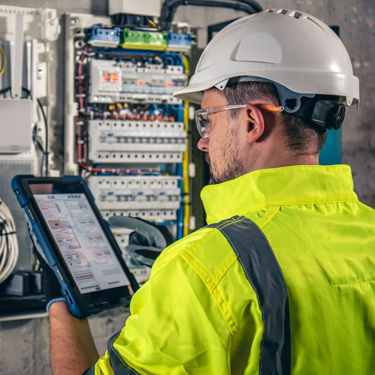 Un technicien vêtu d'une veste jaune à haute visibilité et d'un casque de chantier examine un tableau électrique à l'aide d'une tablette.