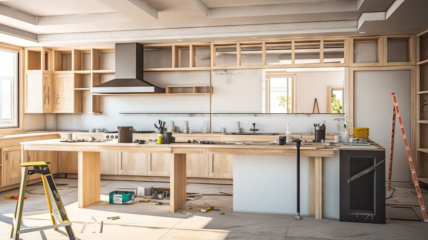 Une cuisine en construction avec des armoires en bois non finies, une hotte en acier inoxydable, une échelle et des outils éparpillés sur le sol.